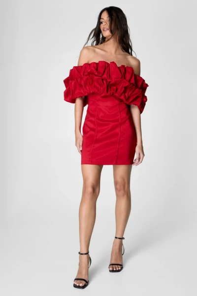 Taffeta Ruched Bardot Mini Dress